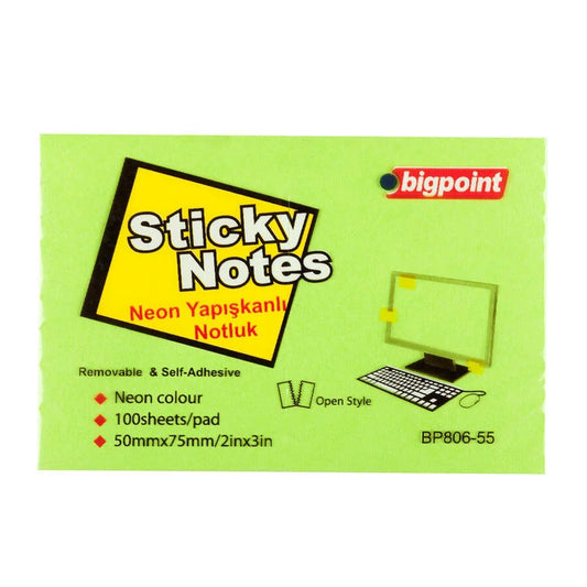 Bigpoint Yapışkanlı 75 mm x 50 mm Not Kağıdı Neon Yeşil 100 Yaprak